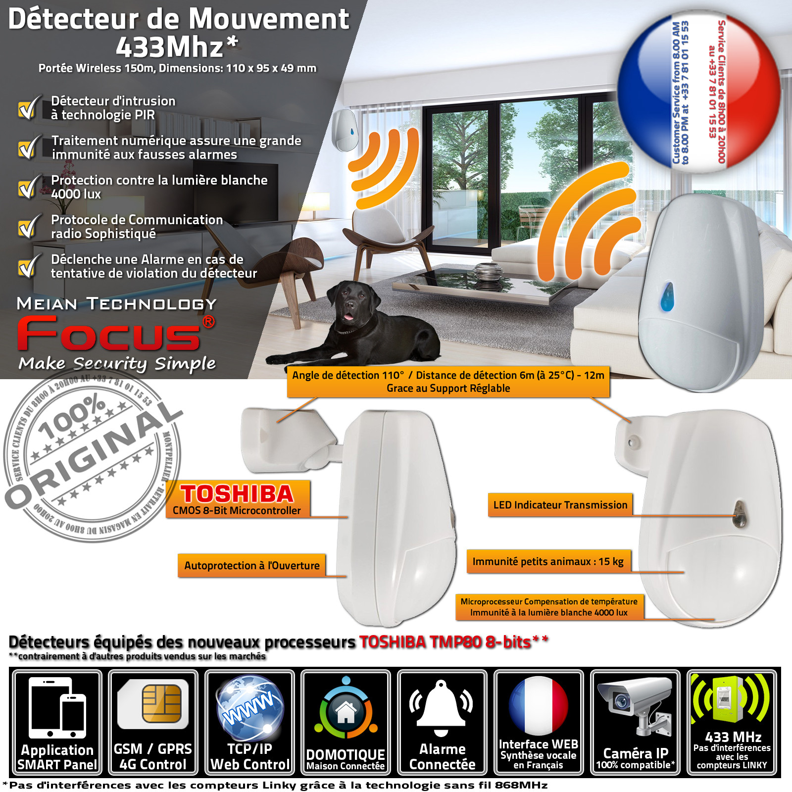 Capteur Passage Présence Radar Immunité Animaux PIR Détection Maison Appartement 433 MHz Meian FOCUS Système Sécurité Réseau 3G
