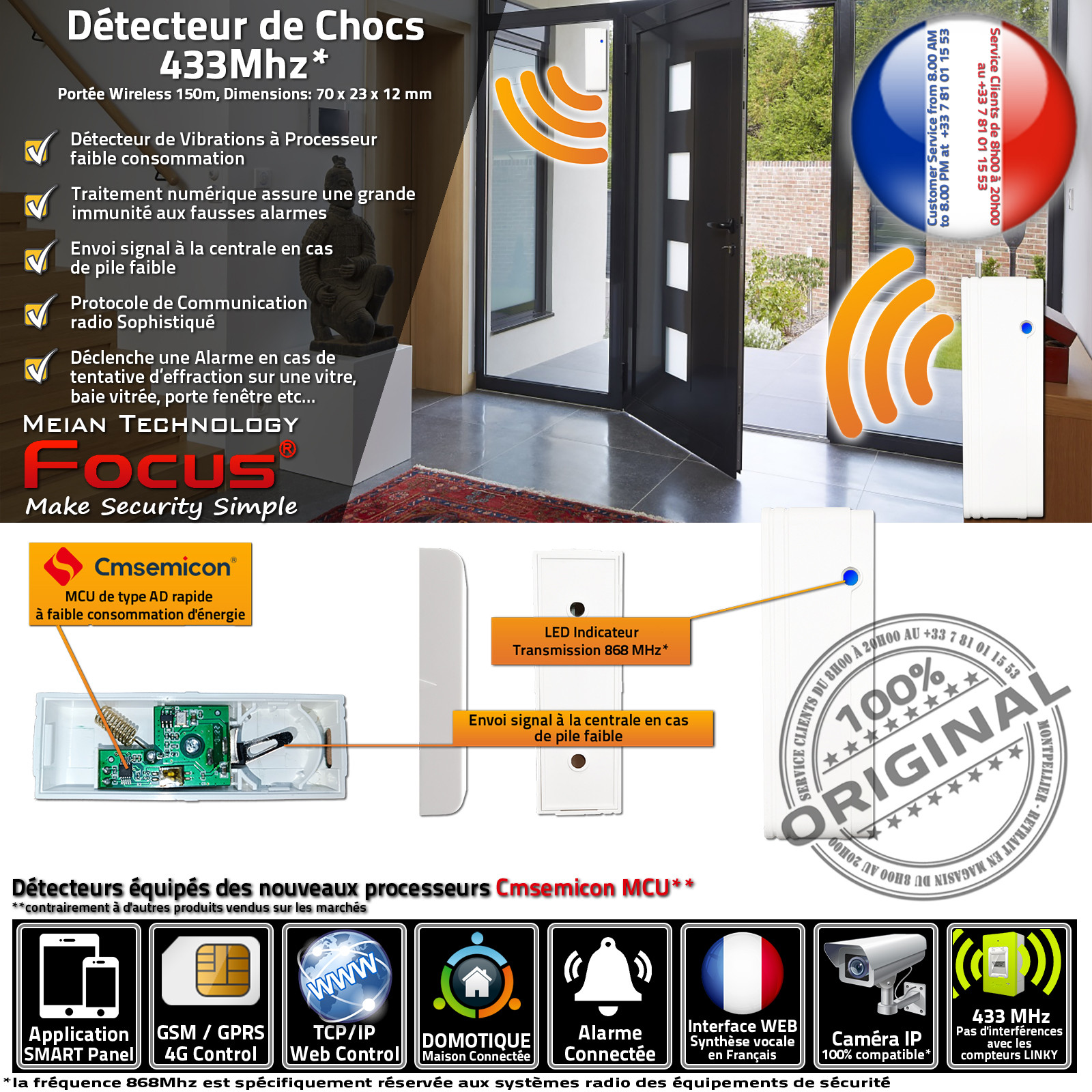 Surveillance Maison 4G Porte Fenêtre Baie Vitrée Détecteur Avertisseur Vibrations Alerte MD-2018 R Entreprise Entrepôt 433 MHz