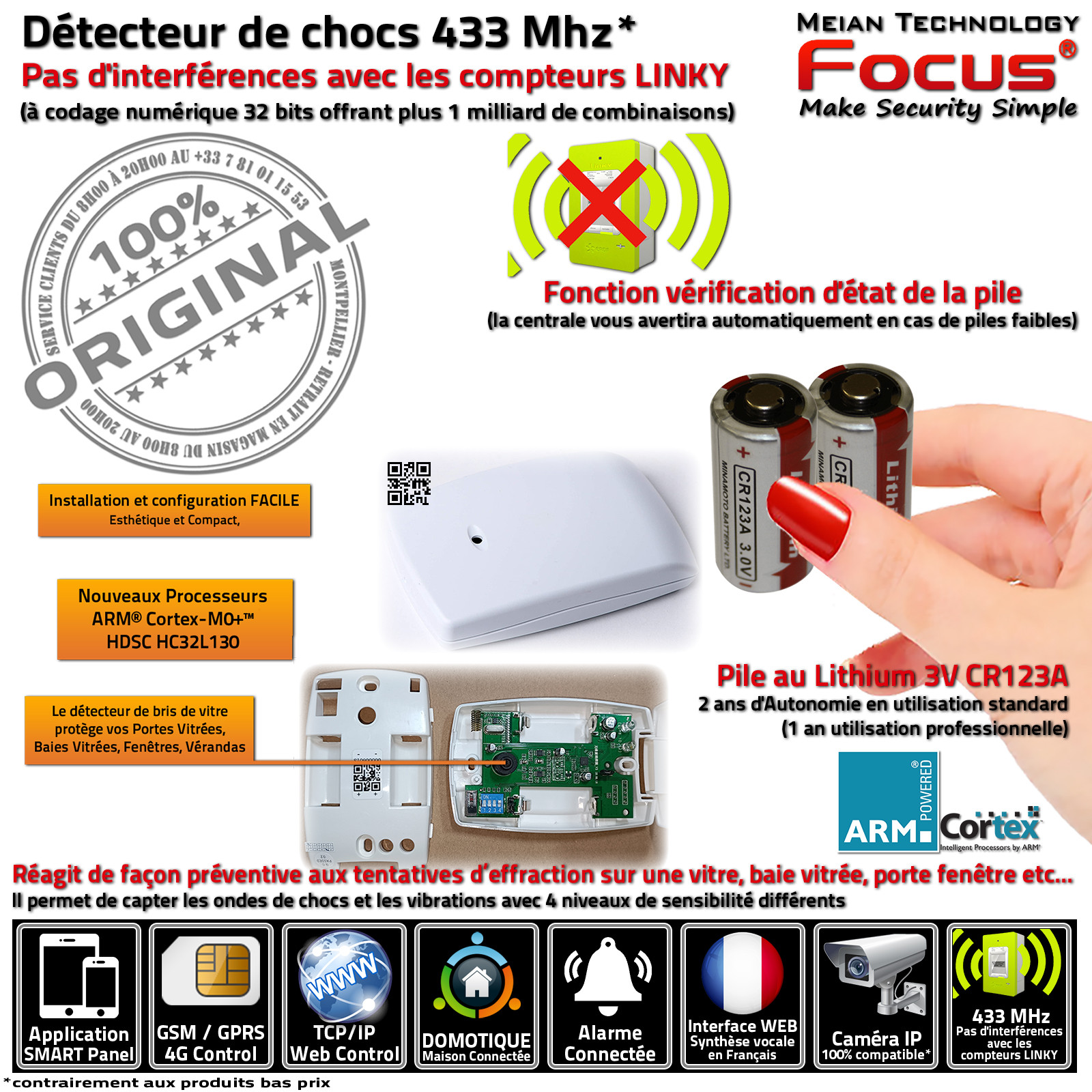 Détection Bris de vitre MD-343R Sans Fil Sonde Domotique Alarme FOCUS Meian Système Sécurité Connecté Réseau Ethernet 433MHz GSM