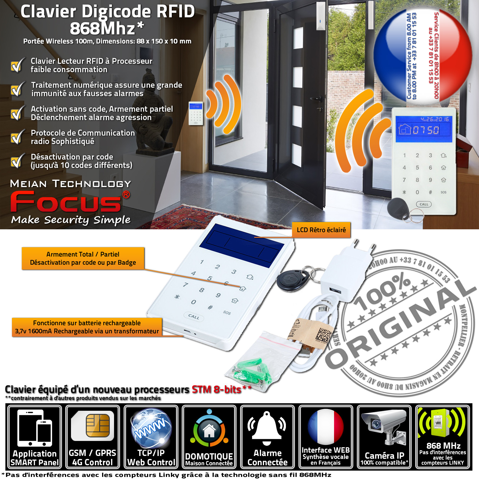 PB-503R 868MHz Clavier Alarme sans fil Contrôle Armement Désarmement Lecteur de Badge RFID sans fil