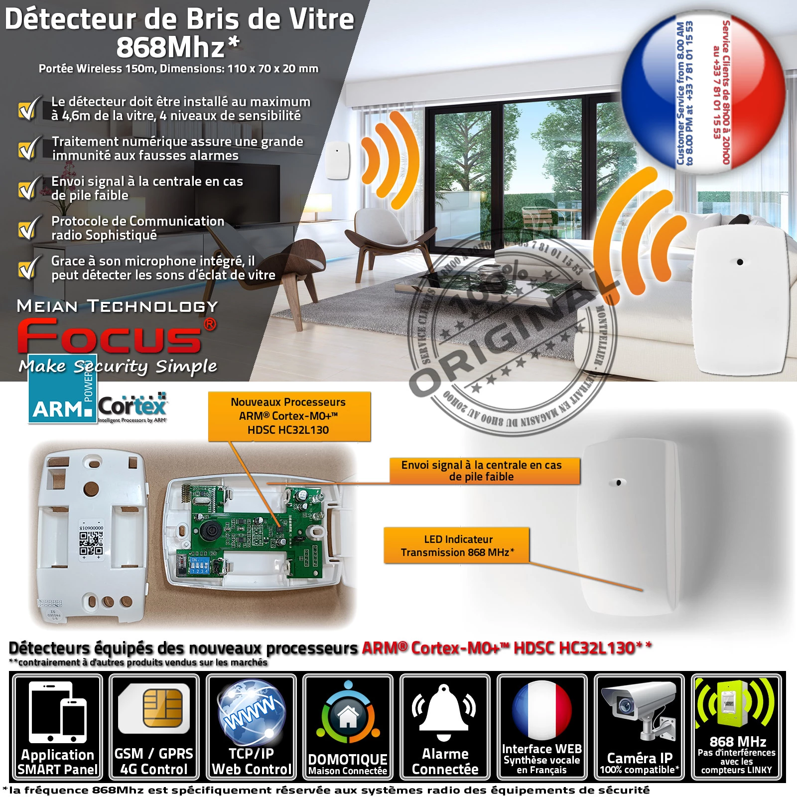 MD-343R 868MHz Détecteurs de Bris de vitre, Vibrations, Chocs, Capteur Protection Bris de Glace Connecté Sans-Fil