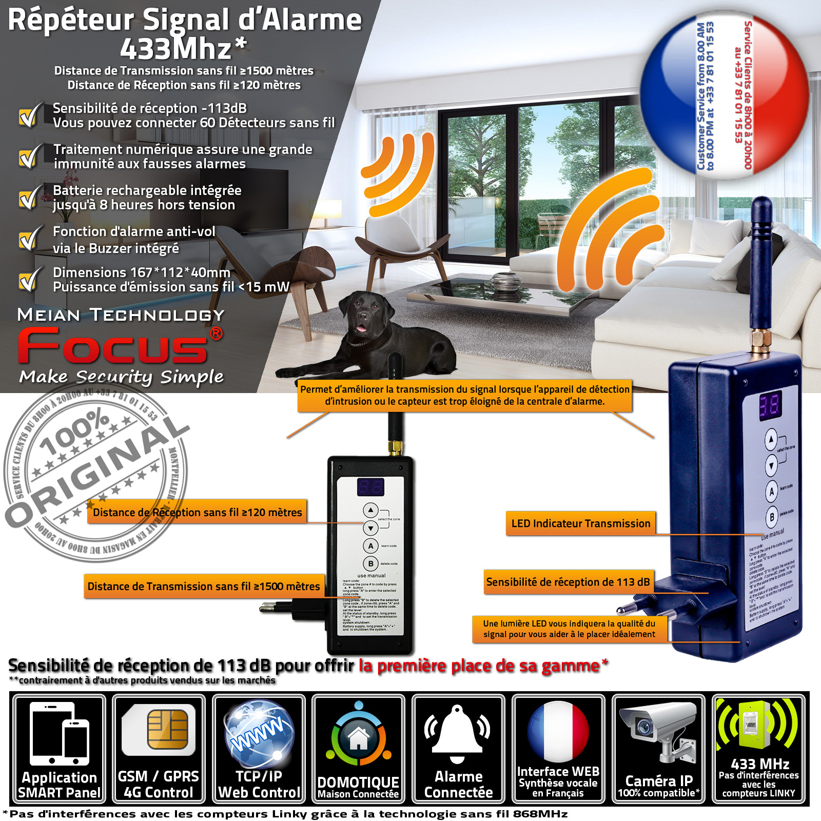 PB-204R 433MHz Répéteur Signal d'alarme sans fil Amplificateur Distance réception / émission