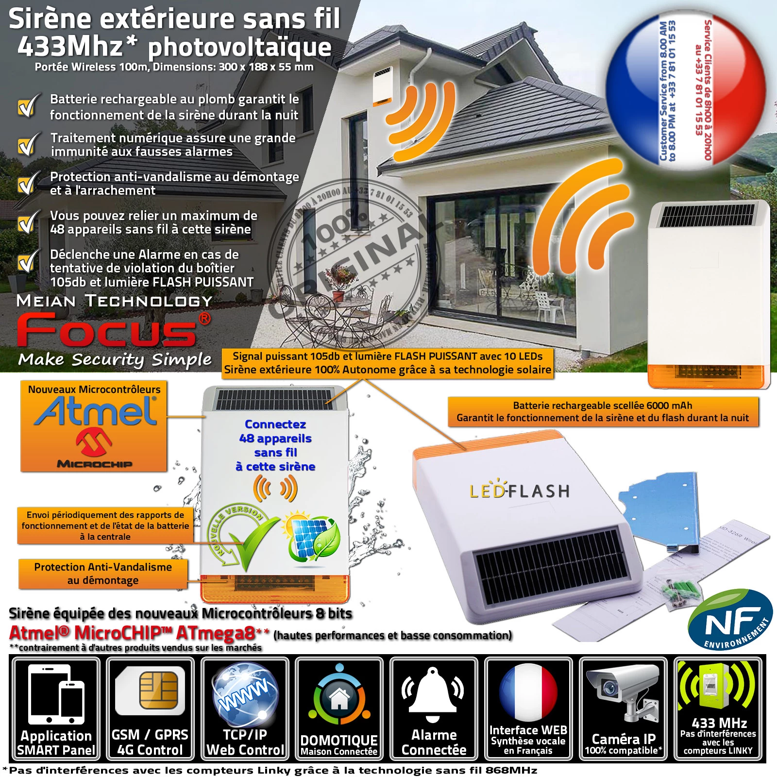 MD-326R 433MHz Sirène Extérieure Sans Fil Solaire